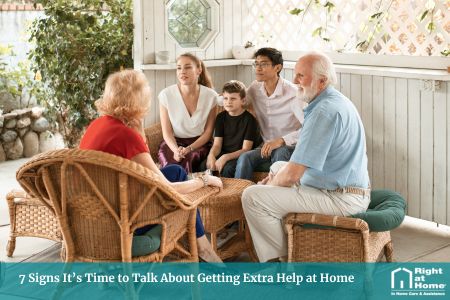 Adult daughter and family gently talking with her elderly parents at home, highlighting early signs of needing support.